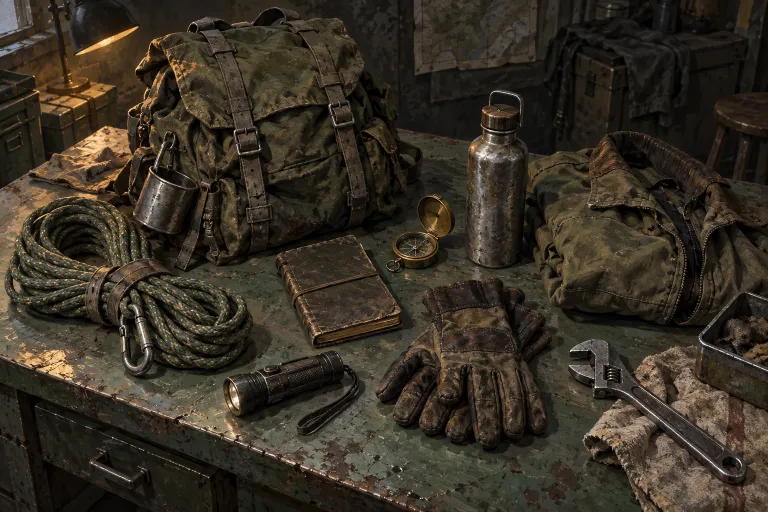 Concept art: a worn backpack, rope, compass, gloves and tools arranged on a workbench.
